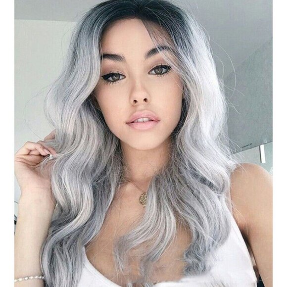 Silver 26" Synthetic Hair Full Wigs Natural Long Wavy Wig Heat Resistant - Picture 3 of 3